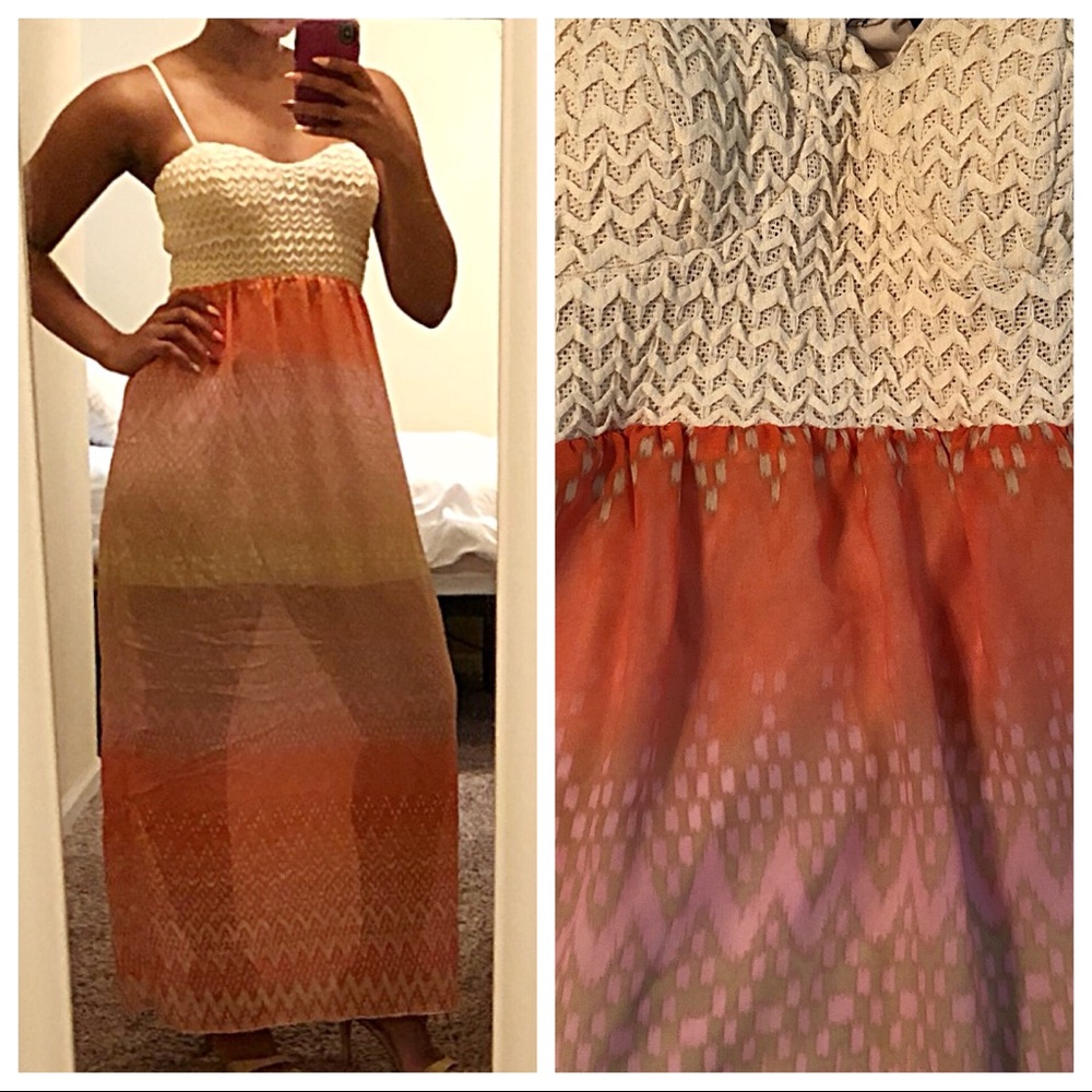 Ivory & Pink Open Back Sheer Skirtted Maxi Dress